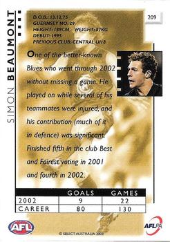 2003 Select XL AFL #209 Simon Beaumont Back